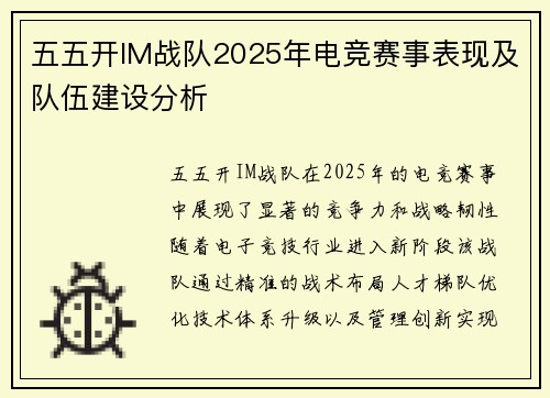 五五开IM战队2025年电竞赛事表现及队伍建设分析