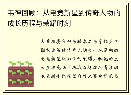 韦神回顾：从电竞新星到传奇人物的成长历程与荣耀时刻